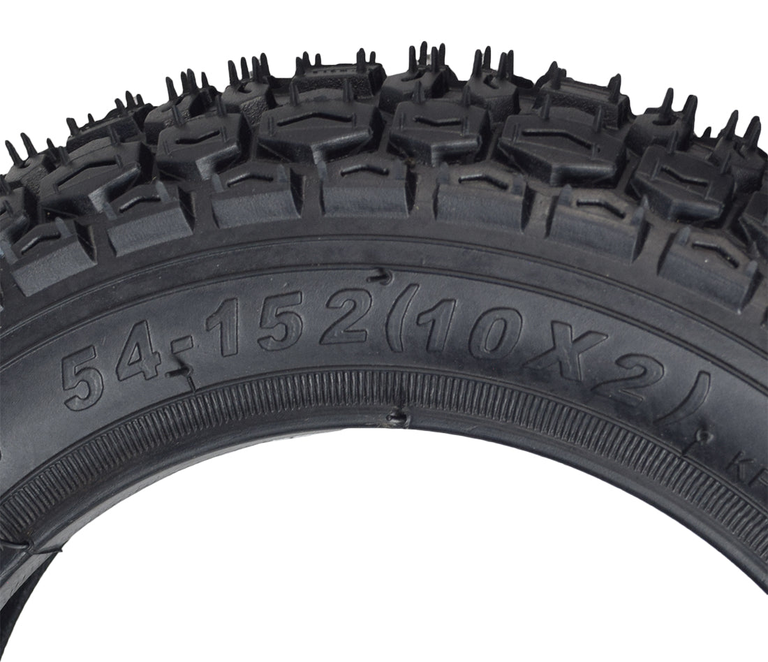 Close-up of the 10x2 (54-152) Dirt Bike & Scooter Tire with KF709 Tread, showcasing the detailed tread pattern designed for enhanced control on rough terrains.