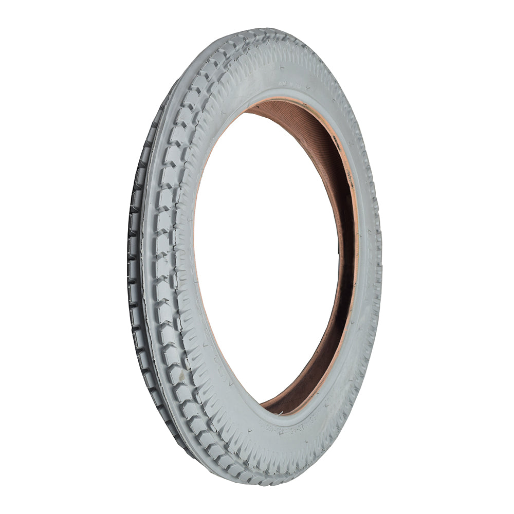 14x2.125 Pneumatic Mobility Tire with K469 Knobby Tread, featuring a white tire and brown rim, ideal for mobility scooters and power chairs. Non-marking gray rubber suitable for indoor use.