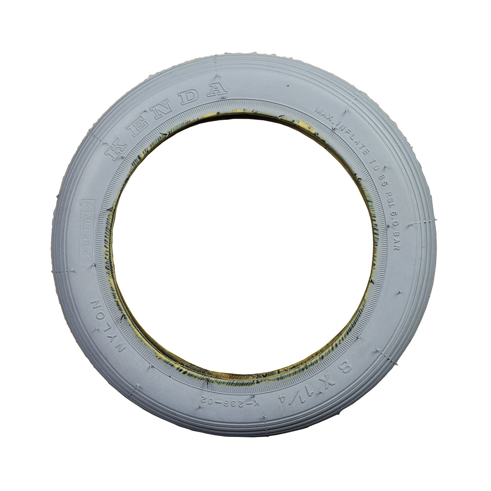 8 x 1-1/4 Pneumatic Mobility Tire with K23B Ribbed Tread, featuring non-marking gray rubber, a yellow center, and a circular shape, ideal for mobility scooters, power chairs, and wheelchair casters.