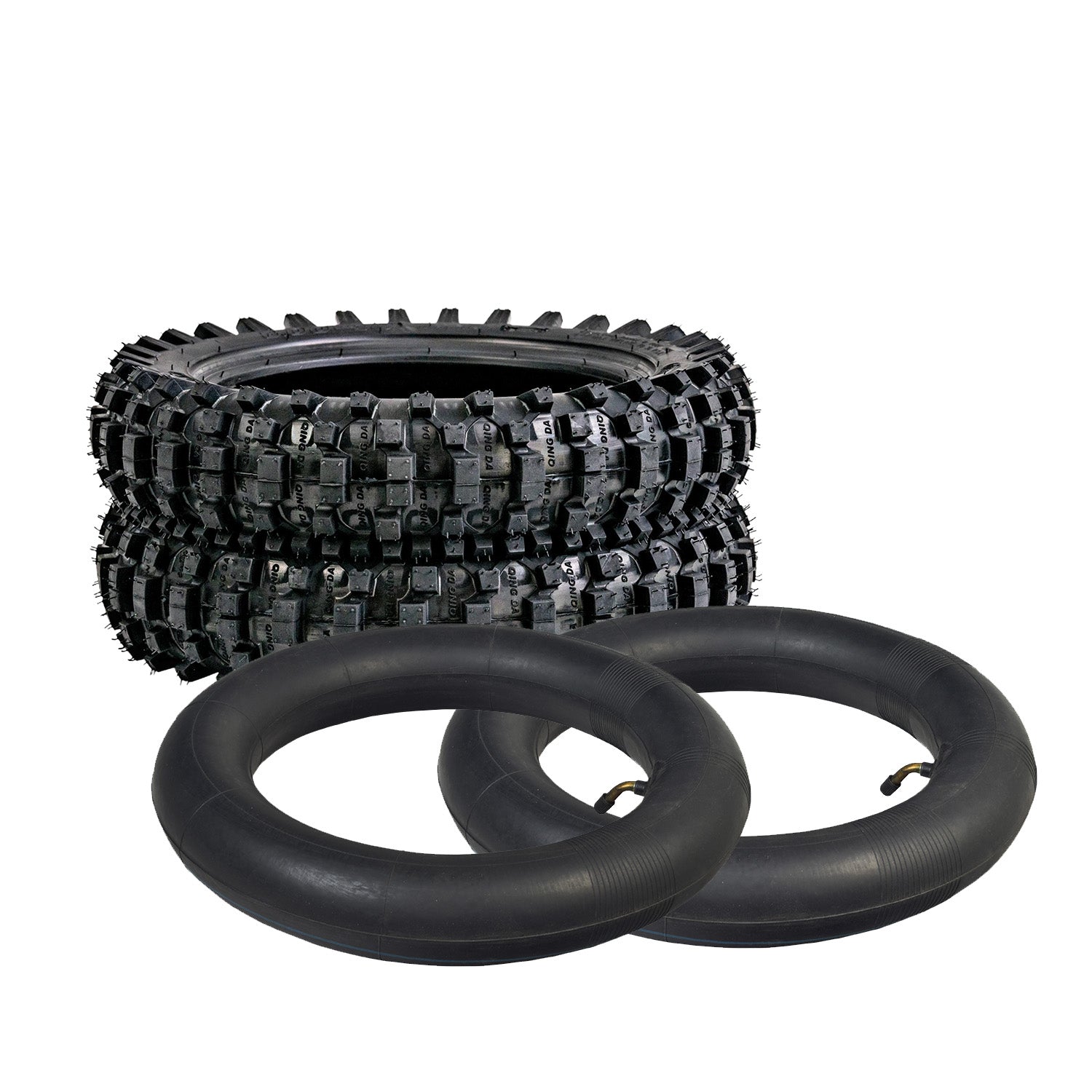 3.00-10 Dirt Bike Tire with QD015 Knobby Tread, shown in a stack of black synthetic rubber tires, ideal for mini dirt bikes, available with an optional heavy-duty thorn-resistant inner tube.