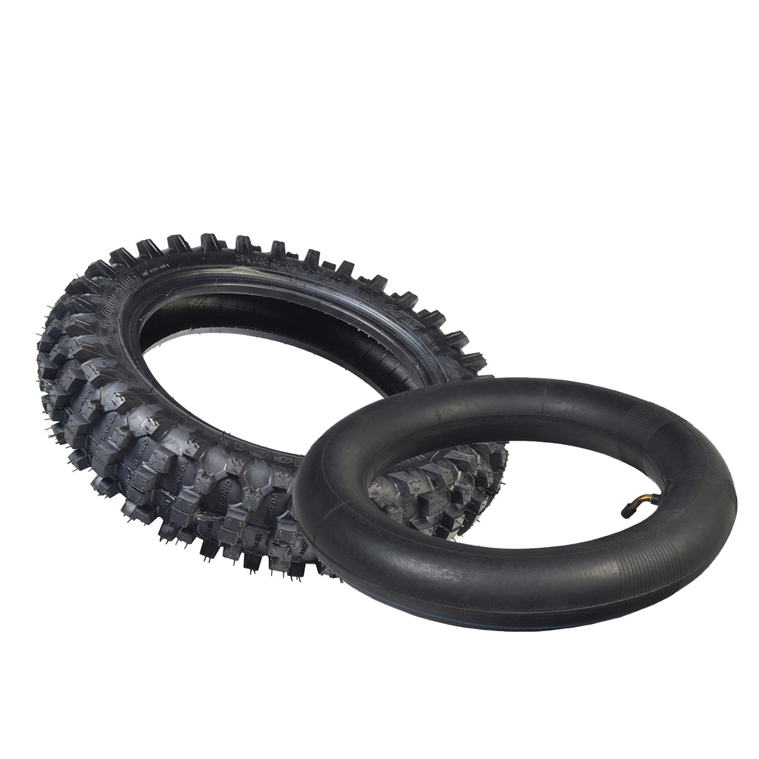 3.00-10 Dirt Bike Tire with QD015 Knobby Tread, shown with an optional heavy-duty thorn-resistant inner tube and straight valve stem, suitable for 49cc/50cc & 70cc mini dirt bikes.