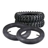 3.00-10 Dirt Bike Tire with QD015 Knobby Tread, stacked with holes visible, suitable for 49cc/50cc & 70cc mini dirt bikes, offered with optional heavy-duty thorn-resistant inner tube.