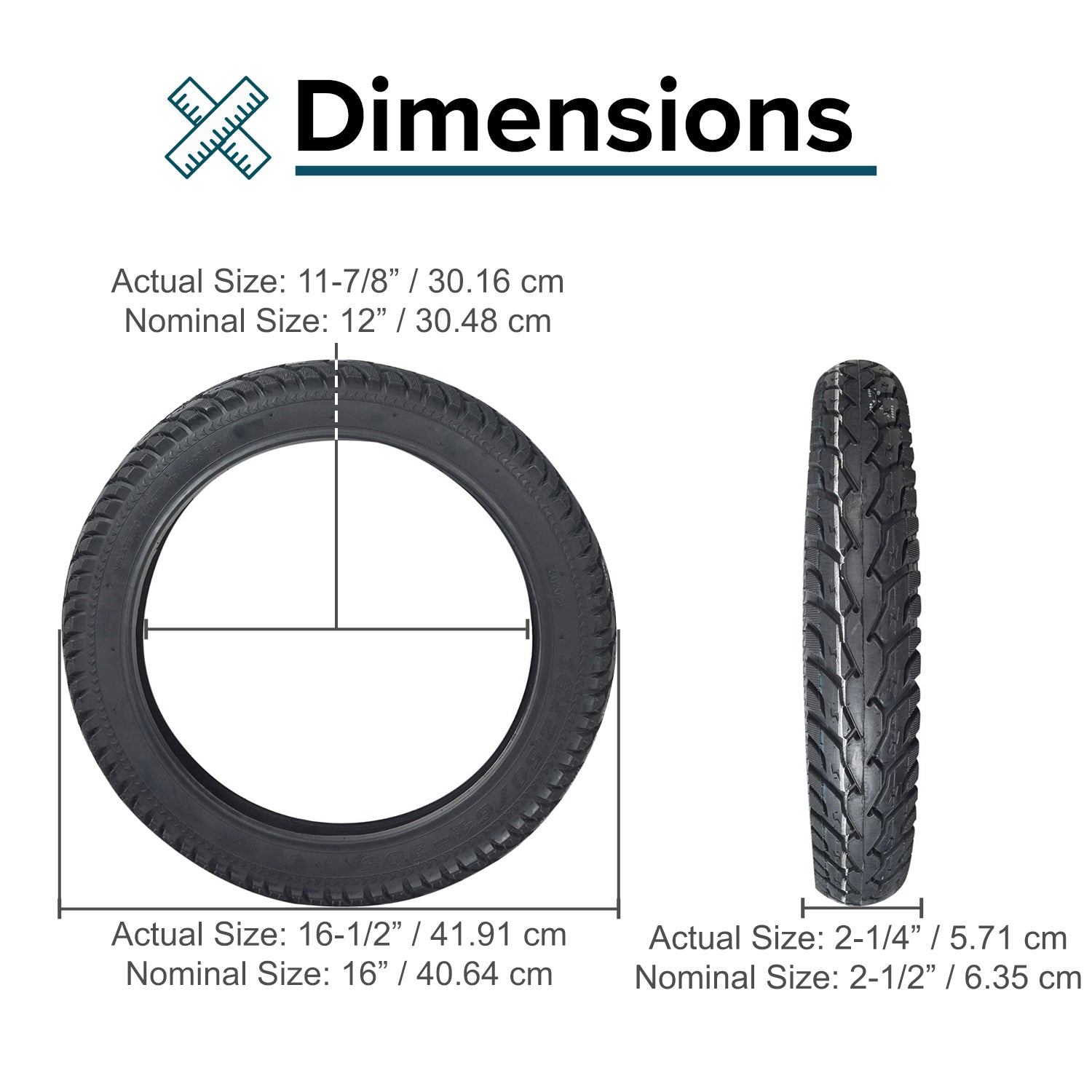 16x2.50 Pneumatic Tire for eWheels EW-36 & EW-36 Elite Scooters, shown with a size comparison, cross-section view, and close-up of directional tread pattern and sidewall arrows for correct mounting.