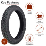 16x2.50 Tire for Bikes & Scooters featuring directional tread pattern for superior traction and water displacement, suitable for 12 bike rims or scooters, with sidewall arrows indicating mounting direction.