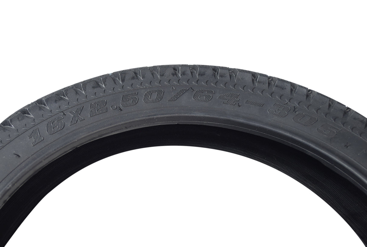 Close-up of the 16x2.50 Tubeless Pneumatic Tire for X-Treme Electric Scooters, showcasing its directional P1095 tread pattern and sidewall arrows for correct mounting direction.