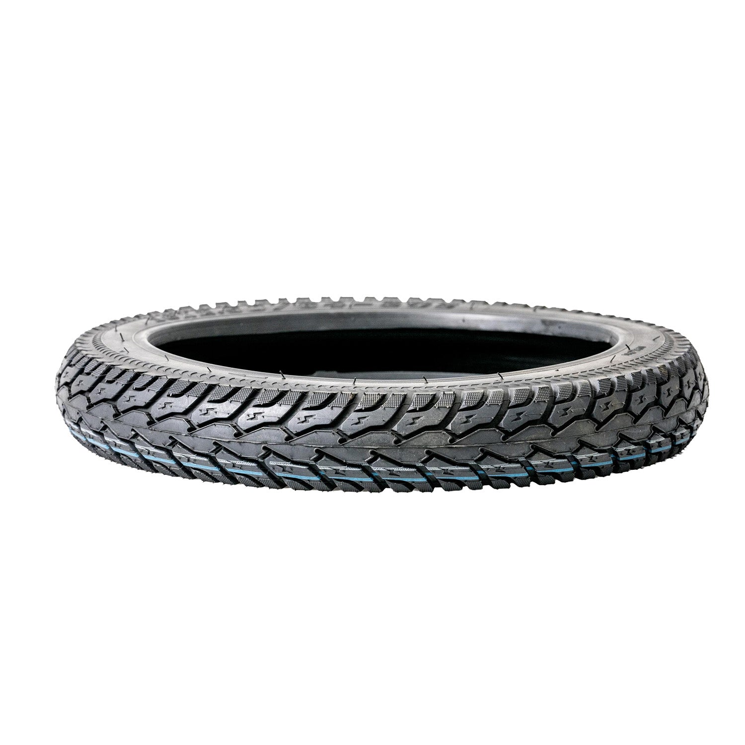 16x2.50 Tire for Bikes & Scooters, featuring a close-up of the all-season tread pattern for excellent traction and water displacement, suitable for both front and rear rims.