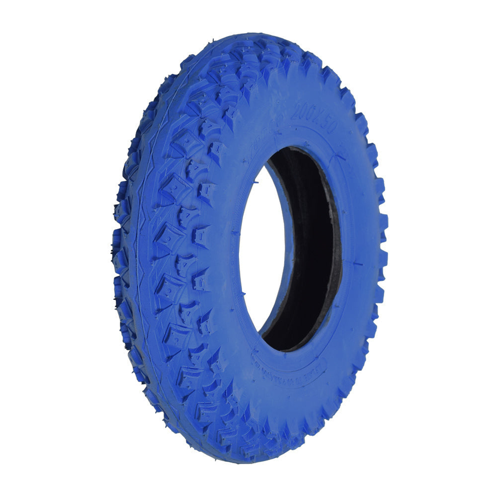 Crisp 200x50 (8x2) Dirt Scooter Tire, featuring a knobby tread for dirt and gravel surfaces, shown with a central hole and rugged design, suitable for pneumatic kick scooters.