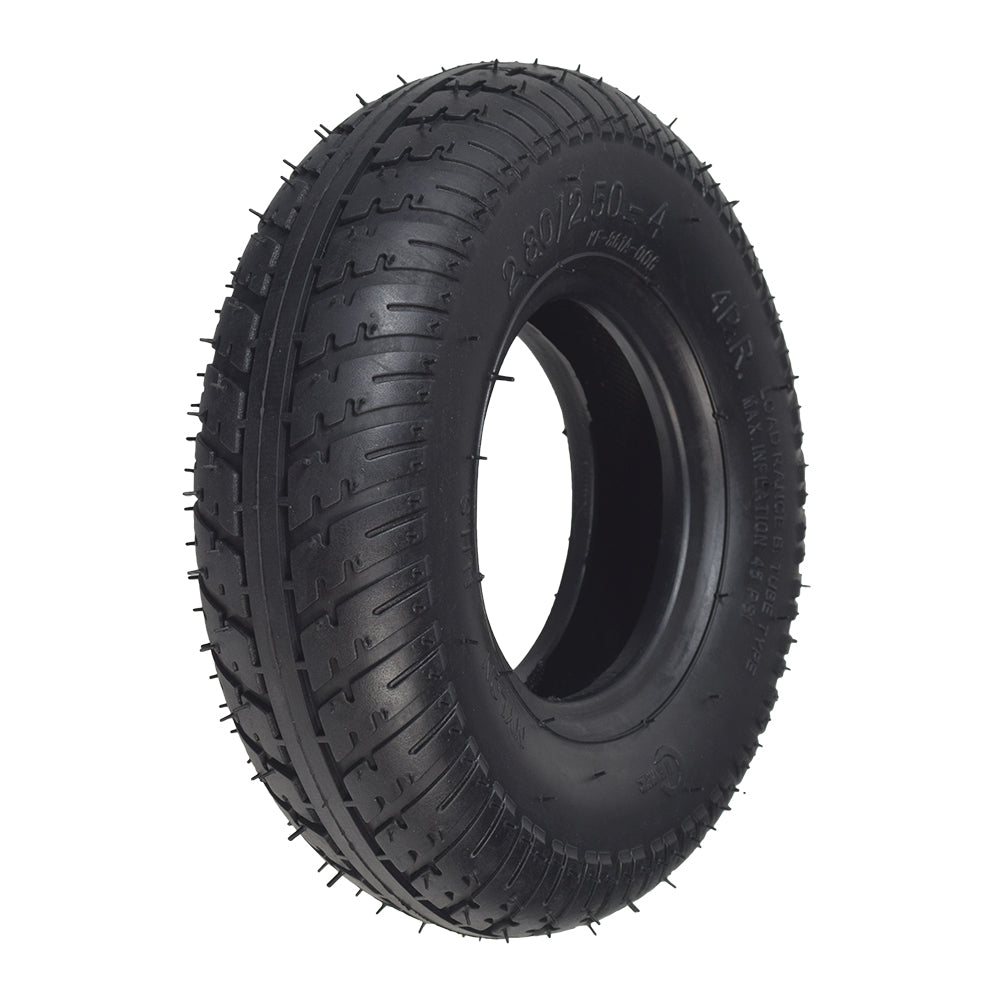 2.80/2.50-4 Tire for Razor E-XR (Version 1+) & E300 (Versions 40+) Scooters, close-up of a black tire with detailed tread and a central hole, designed for smooth-rolling performance.