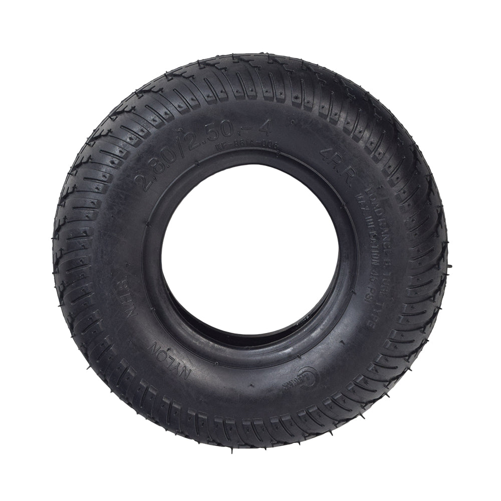 2.80/2.50-4 Tire for Razor E-XR (Version 1+) & E300 (Versions 40+) Scooters; a close-up of a black tire with a central hole, showcasing smooth tread and durable rubber.