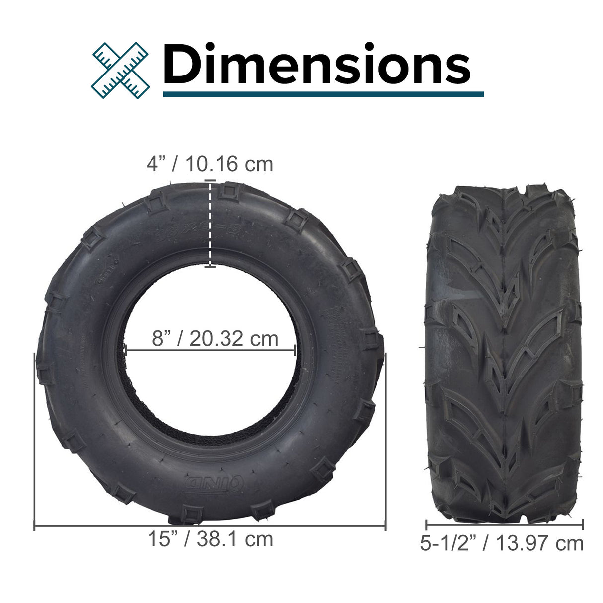 16x6-8 Rear Tire for the Coleman KT196 Go-Kart, featuring a bold V-tread pattern designed for optimal traction on loose surfaces like mud, sand, and gravel.