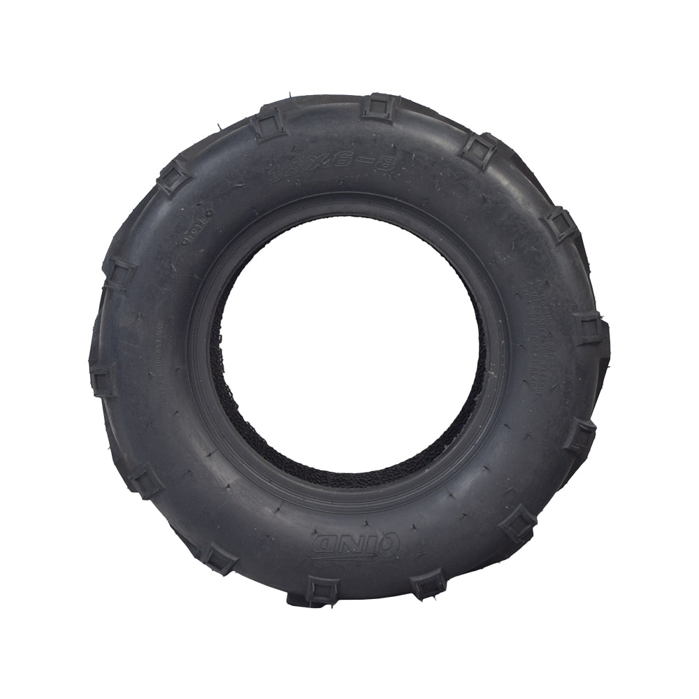 16x6-8 Rear Tire with V-Tread for Hammerhead & TrailMaster Go-Karts, featuring a QD116 V-tread pattern for optimal performance on loose surfaces like sand and gravel.