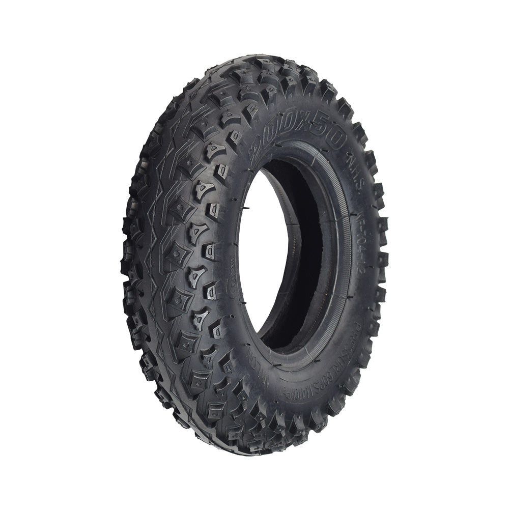 200x50 (8x2) Tire for the Razor RX200, featuring a black tread pattern and a central hole, suitable for both front and rear wheels, ideal for soft surfaces with optional inner tubes.