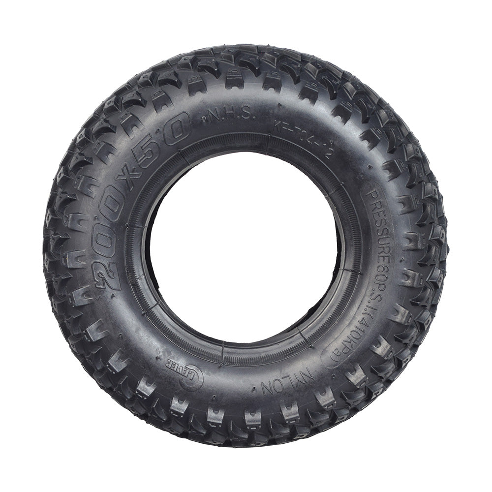 200x50 (8x2) Tire for the Razor RX200, featuring a circular center and tread pattern, ideal for soft surfaces like sandy or muddy trails. Suitable for both front and rear wheels.