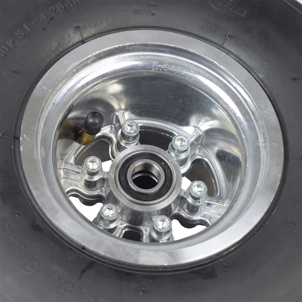 Rear Drift Wheel for the Razor DXT Electric Drift Trike (Blemished) featuring a metal rim with slick tire, close-up showing screws and 6002-2RS bearings.