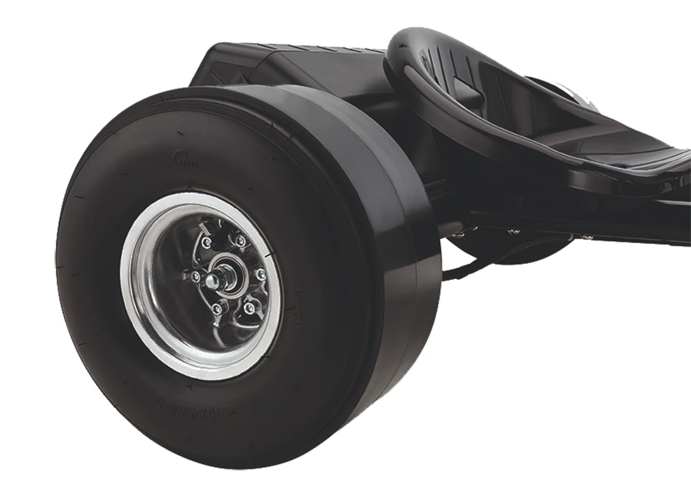 Rear Drift Wheels for the Razor DXT Electric Drift Trike (Set of 2), featuring a close-up of a slick, treadless black tire with a mounted seat, highlighting the wheel's sleek design and robust bearings.