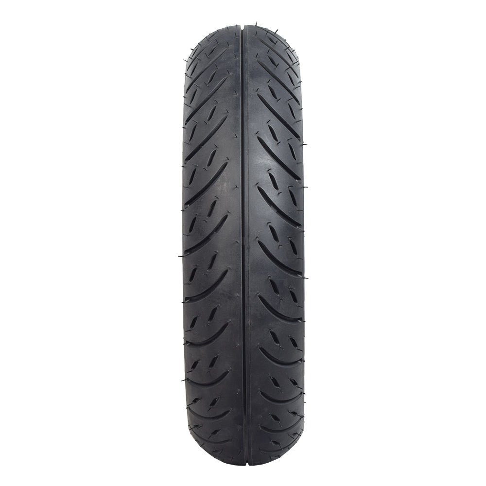 3.00-10 (100/80-10) Tire & Tube Set with KF853 Tread for Razor RSF650, showcasing a close-up of the black tire’s low-siped directional tread pattern.