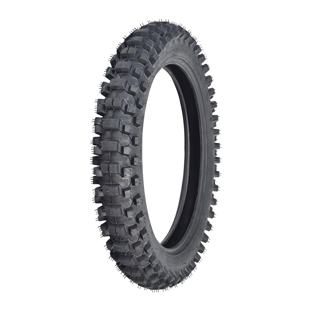 90/100-16 Dirt Bike Tire with QD015 Knobby Tread, featuring thick shoulder and tread blocks for superior off-road traction, shown in close-up highlighting the aggressive tread pattern.