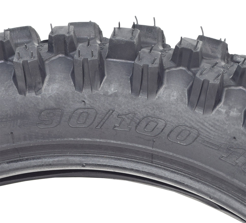 Close-up of the 90/100-16 Dirt Bike Tire with QD015 Knobby Tread, showcasing its aggressive knobby tread pattern designed for superior traction on off-road surfaces.