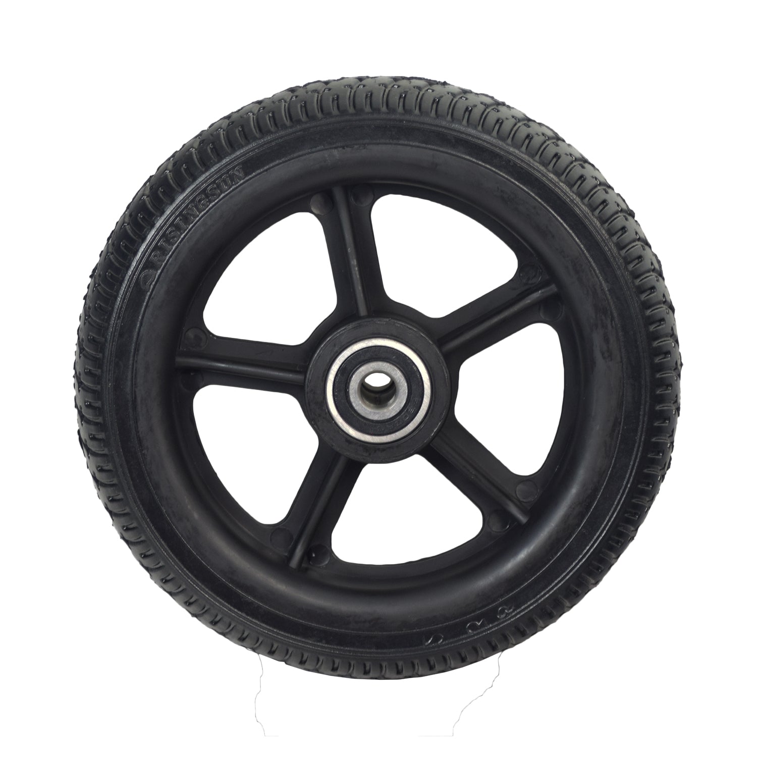 6-1/2x1-3/4 Solid Rear Wheel Assembly for the Swagtron Swagger 2 Scooter featuring a black tire with a metal center and low-siped street tread design, including a black plastic rim and bearings.