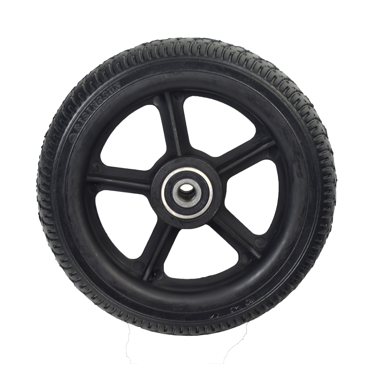 6-1/2x1-3/4 Solid Rear Wheel Assembly for the Swagtron Swagger 2 Scooter featuring a black tire with a metal center and low-siped street tread design, including a black plastic rim and bearings.