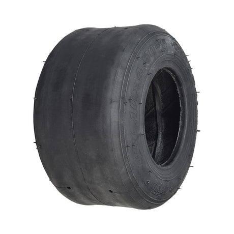 10x4.50-5 Tubeless Slick Tire for Drift Trikes & Go-Karts, a black, treadless tire with a central hole, designed for high-speed, low-traction performance and easy fitting with a drift sleeve.