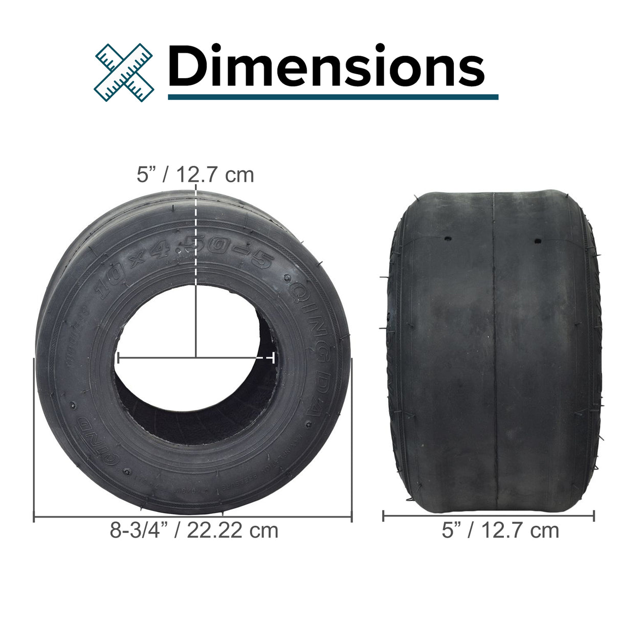 10x4.50-5 Tubeless Slick Tire for Drift Trikes & Go-Karts, featuring a smooth treadless surface designed for high-speed performance and easy fitting with drift sleeves. Ideal for racing and drifting.