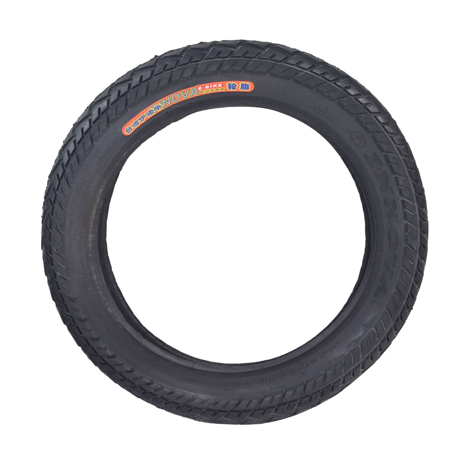 16x2.50 (64-305) tire for X-Treme electric scooters and bikes, featuring a close-up of the tread pattern with a red and white label, designed for all-season traction and water displacement.