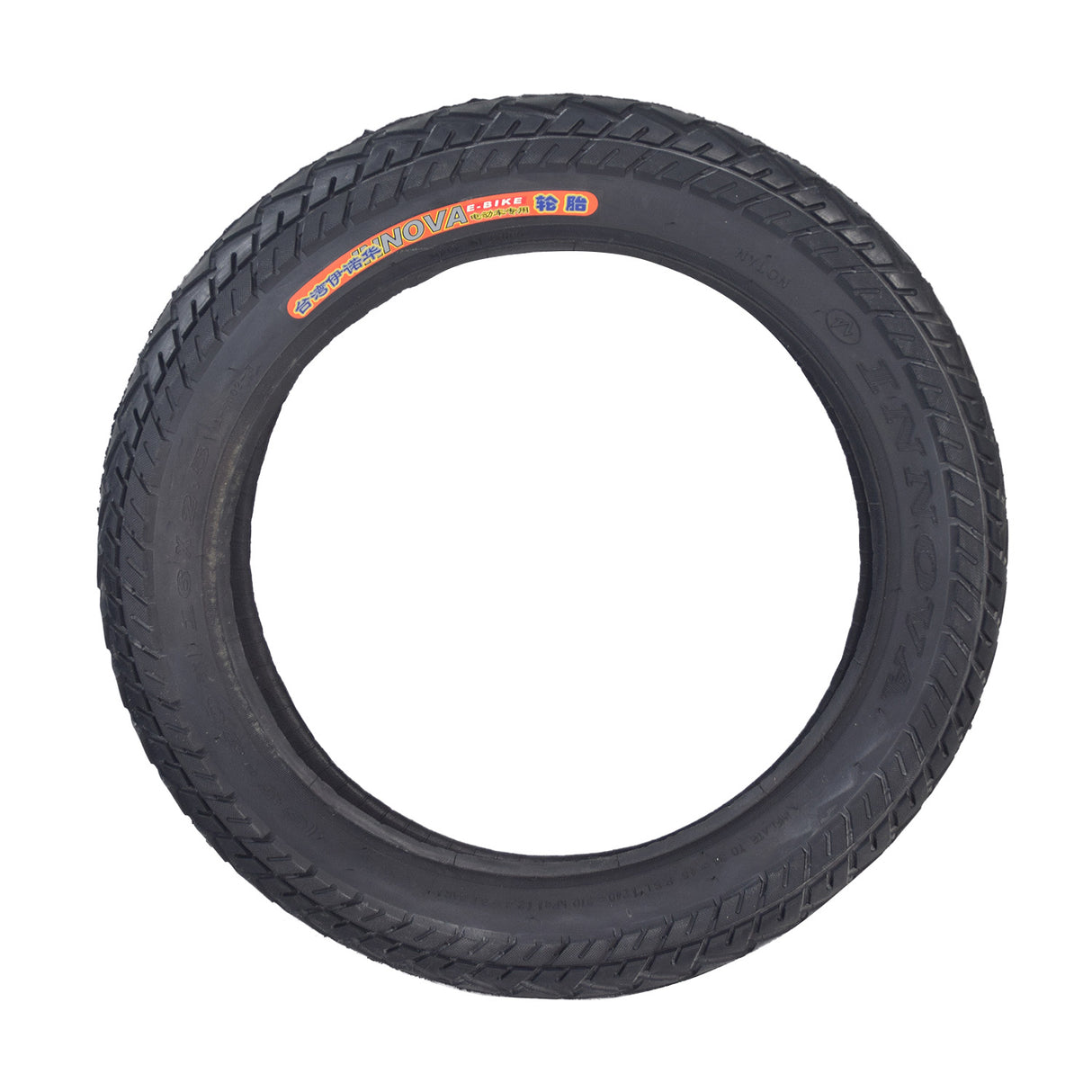 16 Tubeless Pneumatic Front Tire for the Drive ZooMe 3 Scooter, featuring a directional tread pattern and a red and white label, ideal as a factory replacement tire for ZooMe 3's front rim/hub motor.