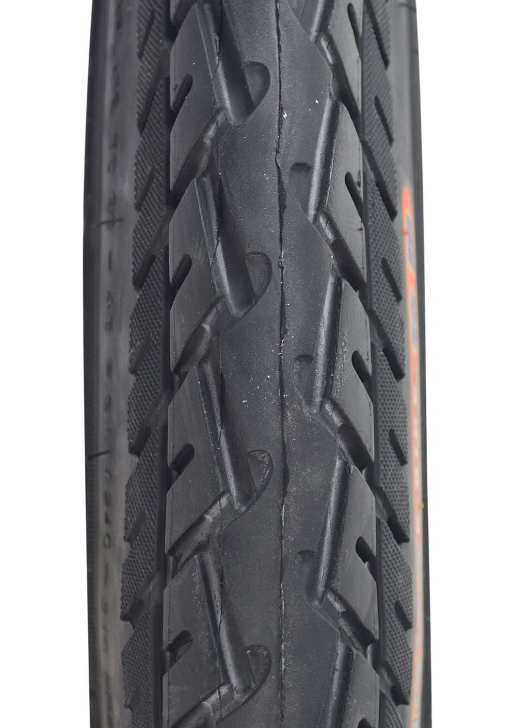 Close-up of a 16x2.50 (64-305) tire with HJ308 directional tread, ideal for scooters and jogging strollers, showing detailed synthetic rubber tread pattern and arrows indicating rotational direction.
