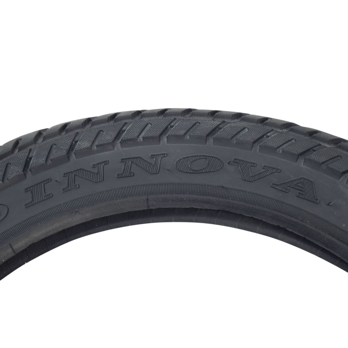Close-up of a 16x2.50 (64-305) tire with HJ308 tread, showing directional arrows on the sidewall, designed for scooters and jogging strollers.