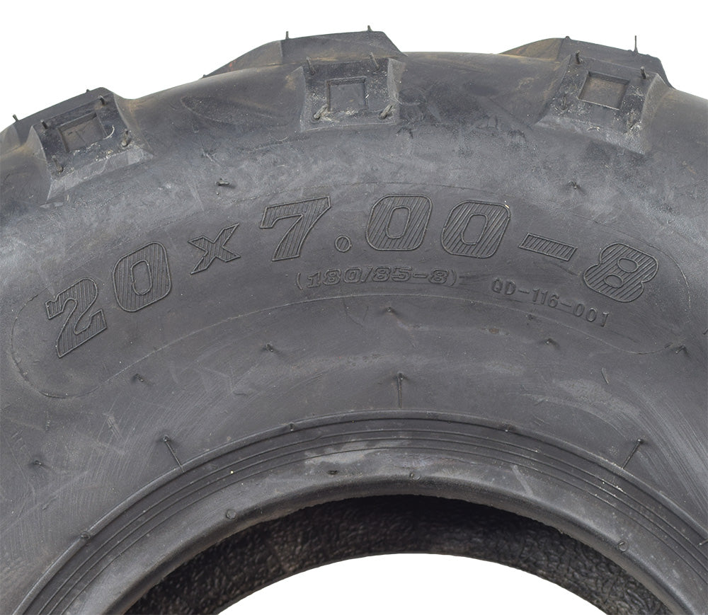 Close-up of the 20x7.00-8 ATV, Go-Kart, & Mini Bike Tire with QD116 V-Tread, showcasing its aggressive, ground-gripping V-tread pattern designed for optimal traction in various riding conditions.