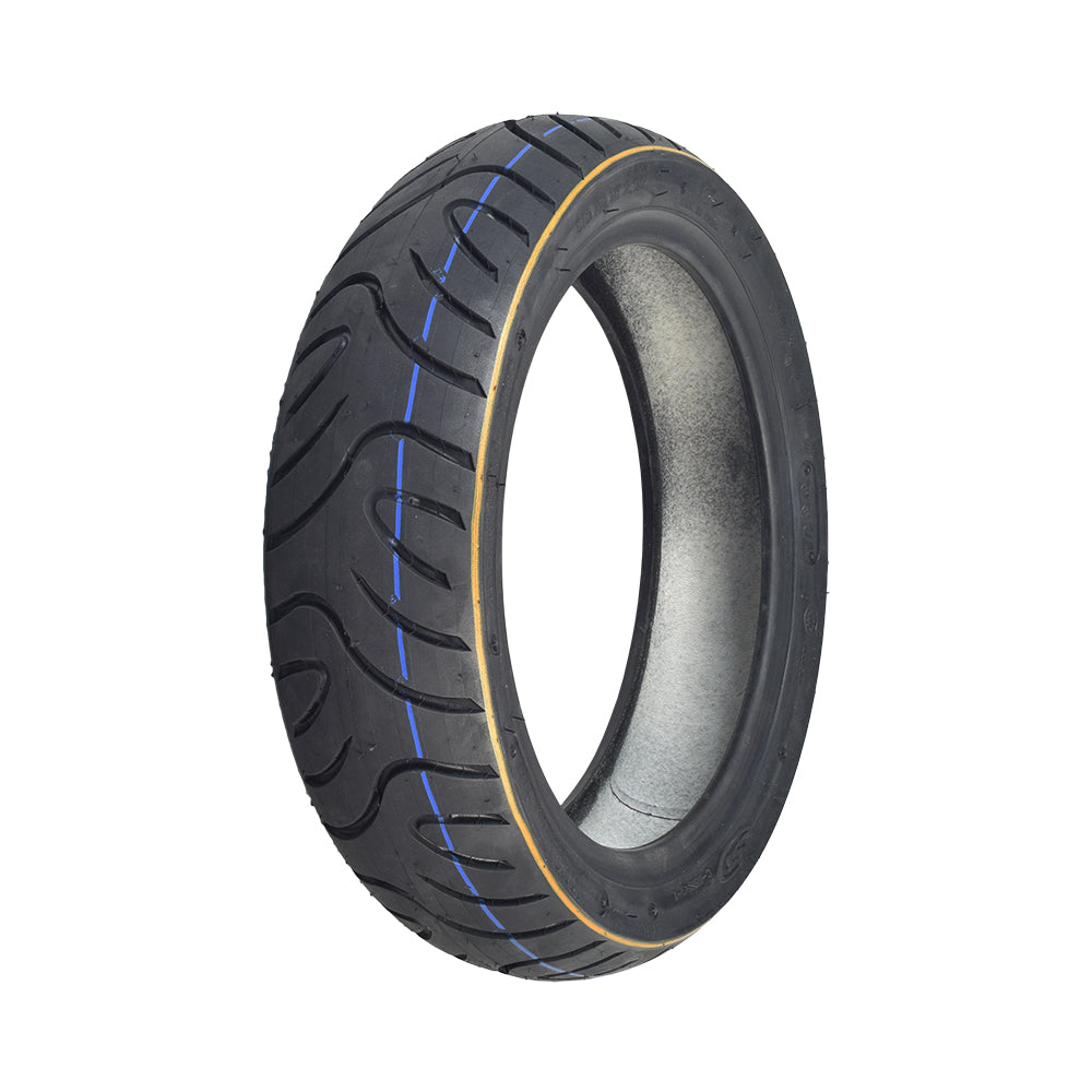 90/70-10 Tubeless Pneumatic Tire for eWheels EW-36 & EW-36 Elite Scooters, featuring a black design with blue lines, shallow-siped street tread for enhanced speed and maneuverability.