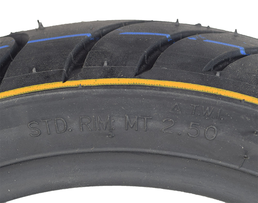 Close-up of the 90/70-10 Tubeless Pneumatic Tire for eWheels EW-36 & EW-36 Elite Scooters, showcasing its shallow-siped street tread designed for enhanced speed and maneuverability.