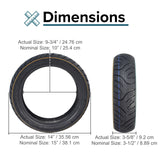 90/70-10 Tubeless Pneumatic Tire for eWheels EW-36 & EW-36 Elite Scooters, shown in a size comparison and close-up, featuring shallow-siped street tread for enhanced speed and maneuverability.