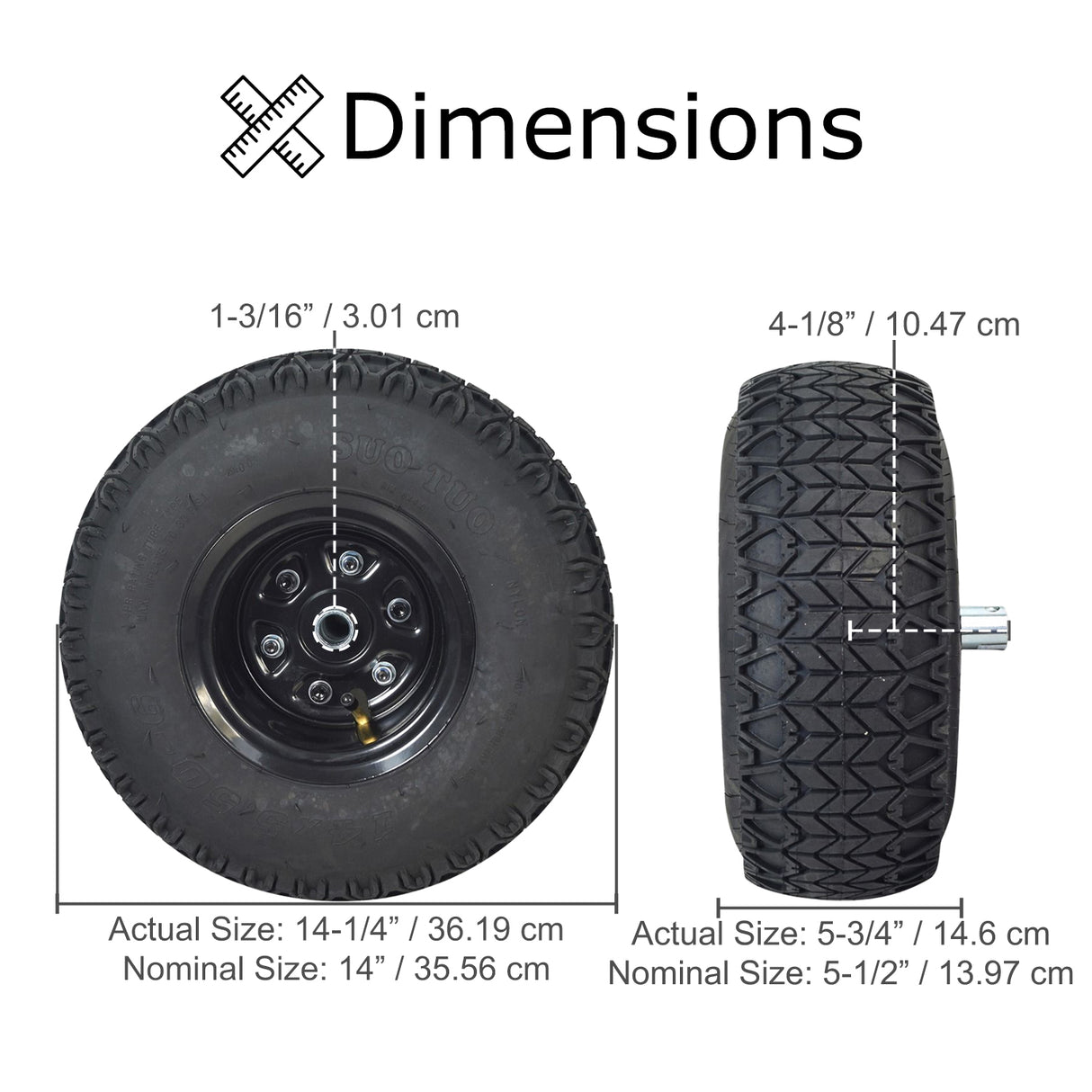 Rear Wheel Assembly for the Razor Dirt Quad 500 featuring a 14x5.50-6 pneumatic tire on a steel rim, complete with inner tube, ready to mount.