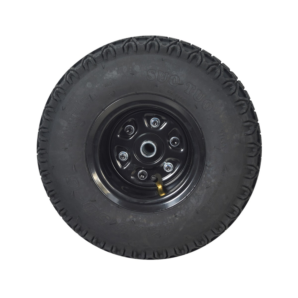 Rear Wheel Assembly for the Razor Dirt Quad 500, featuring a black tire with tread on a steel rim. The assembly includes a 14x5.50-6 pneumatic tire and inner tube, ready for mounting.