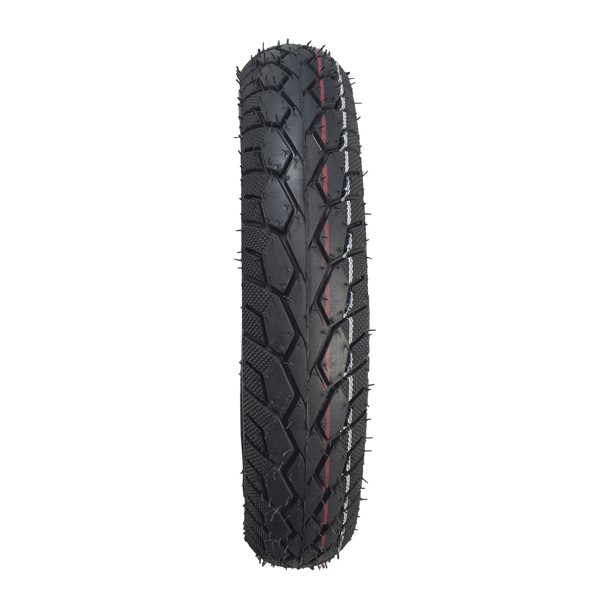 3.00-10 (16x3) Pneumatic Tire for Pride Raptor & Baja Raptor 2 Scooters with shallow-siped tread, designed for easy maneuverability and dependability, shown in close-up against a plain background.