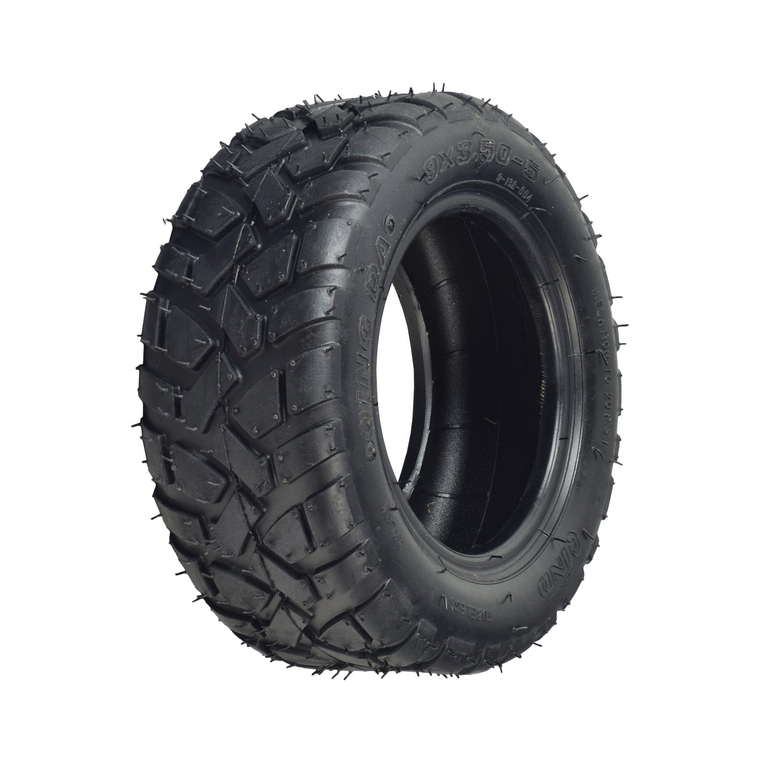 9x3.50-5 Off-Road Electric Skateboard Tire with Q138 Tread, showing close-up of detailed tread pattern, suitable for small go-karts, utility carts, and more. Tubeless pneumatic design by Qind.