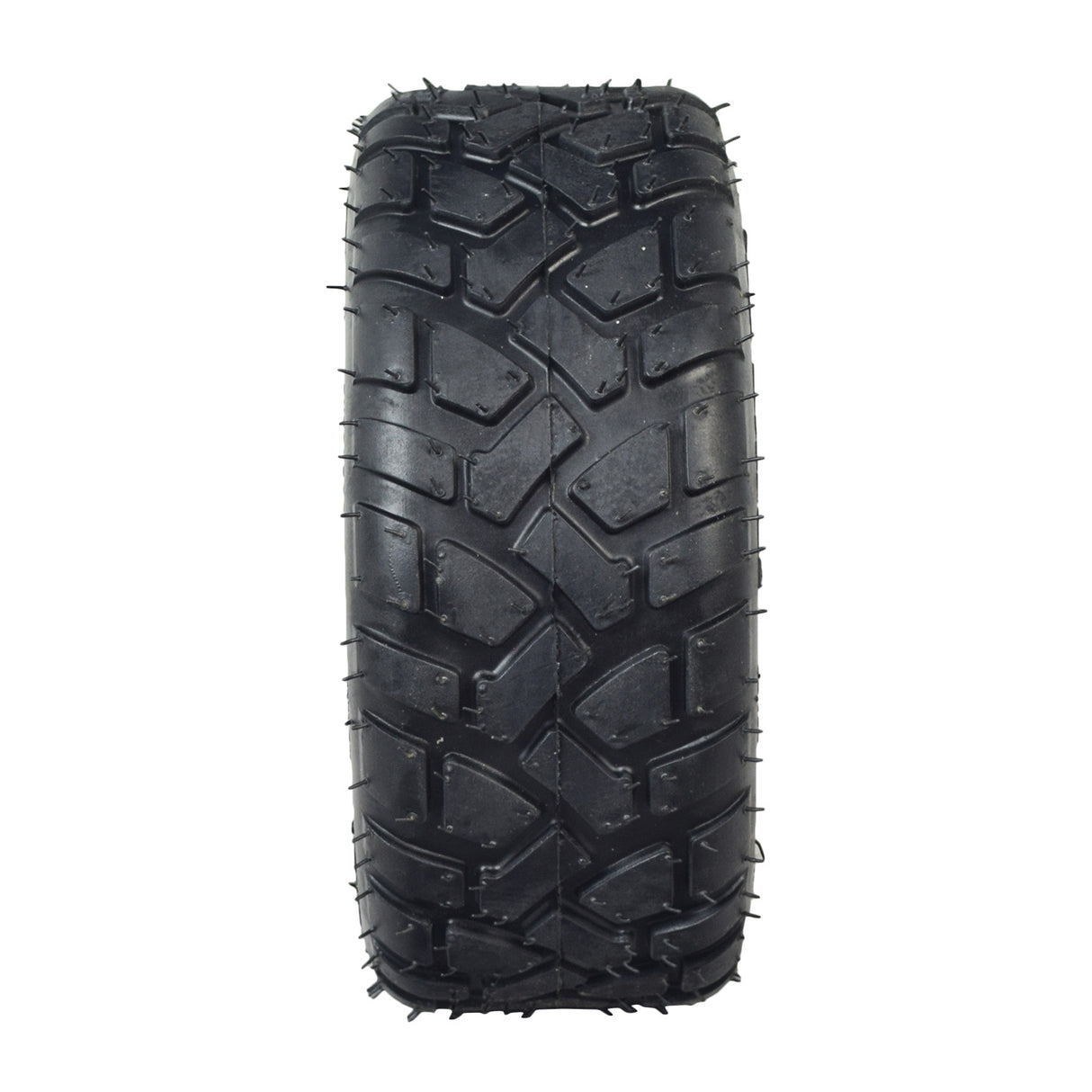 9x3.50-5 Off-Road Electric Skateboard Tire with Q138 Tread, featuring prominent spikes and durable synthetic rubber, designed for electric skateboards, go-karts, and utility carts. Suitable for tubeless or inner tube use.