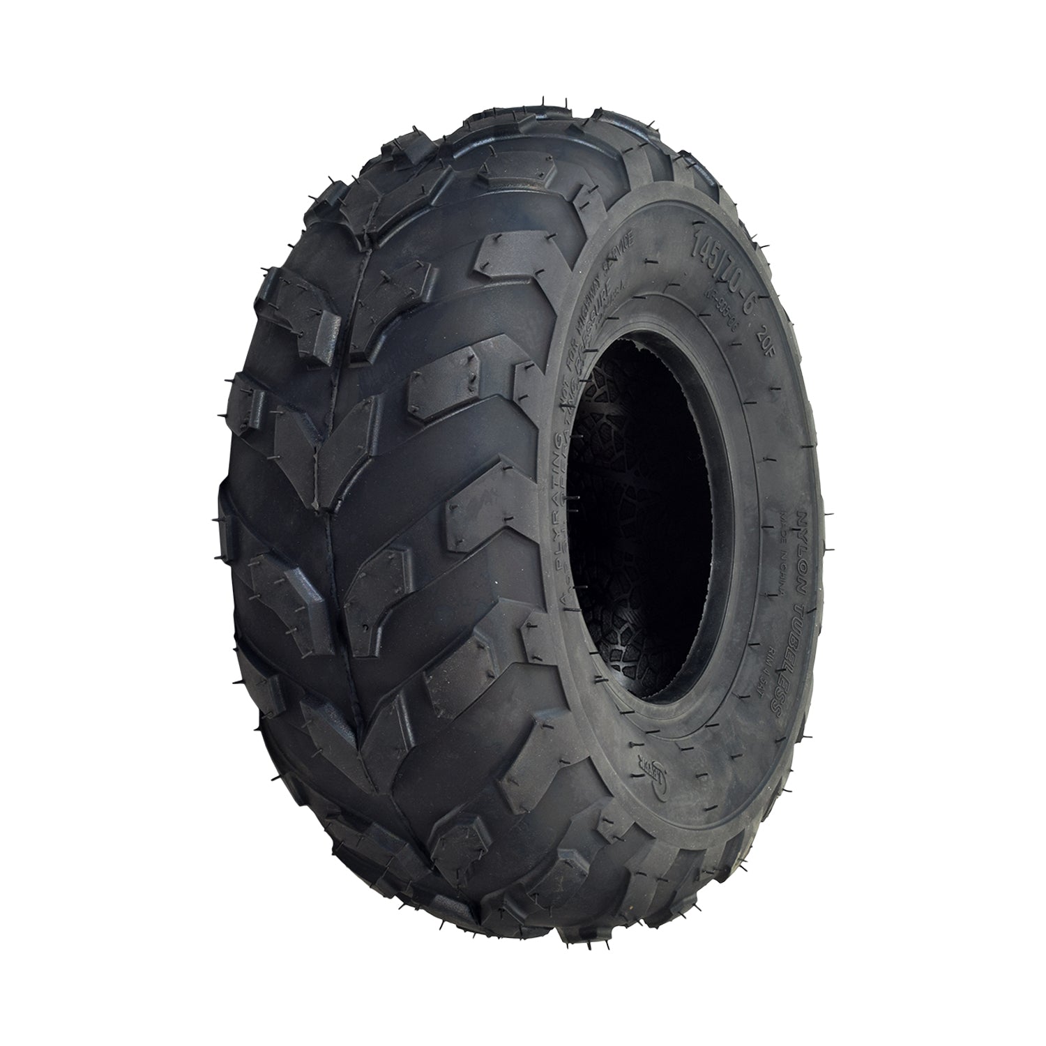 145/70-6 Go-Kart & Mini Bike Tire with KF905 Tread, featuring a black center and knobby Semi-V tread pattern for versatile performance on muddy trails and hard-packed tracks.