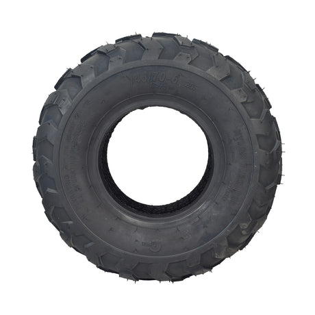 145/70-6 Go-Kart & Mini Bike Tire with KF905 Tread, featuring a black rubber tire with a distinctive Semi-V knobby pattern, designed for versatile performance on both muddy trails and hard-packed tracks.