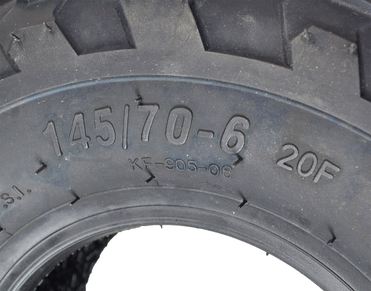 Close-up of the 145/70-6 Go-Kart & Mini Bike Tire with KF905 Tread, showcasing its knobby Semi-V pattern for versatile performance on various terrains.