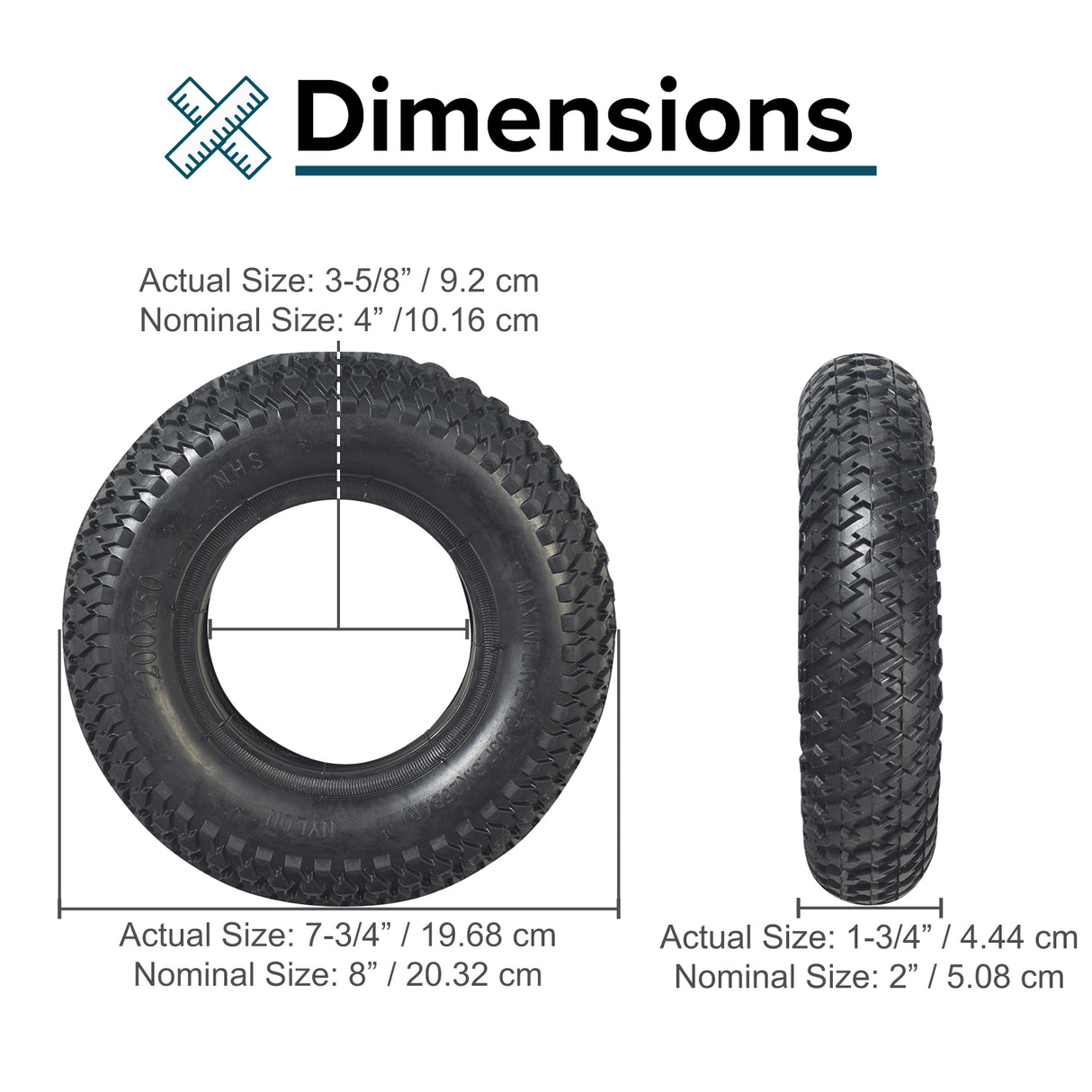 200x50 (8x2) Tire with Knobby Diamond Tread for Razor Dune Buggy, shown in a size comparison with measurements, featuring a raised diamond-shaped knob texture for enhanced traction on loose surfaces.