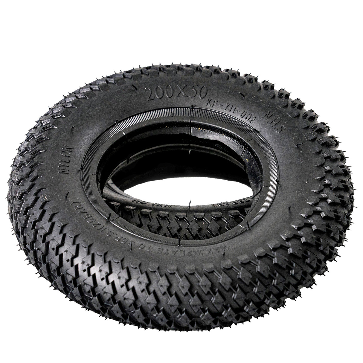 200x50 (8x2) Tire with Knobby Diamond Tread for the MBS Atom 95X Mountainboard, close-up view showing raised diamond-shaped knobs for improved traction on loose surfaces.