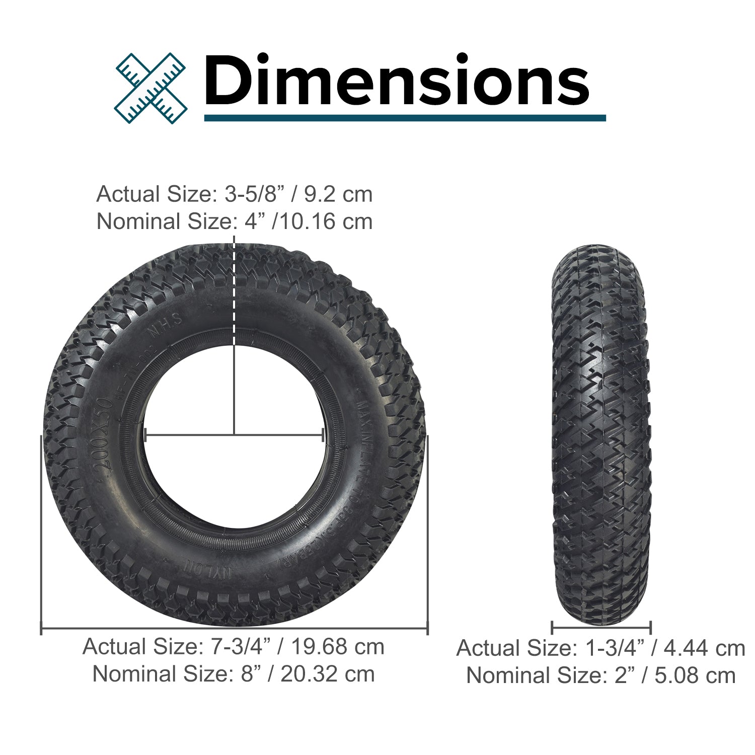 200x50 (8x2) Tire with Knobby Diamond Tread for MBS Atom 95X Mountainboard, featuring raised diamond-shaped knobs for enhanced traction; includes a size comparison chart and optional matching inner tube.