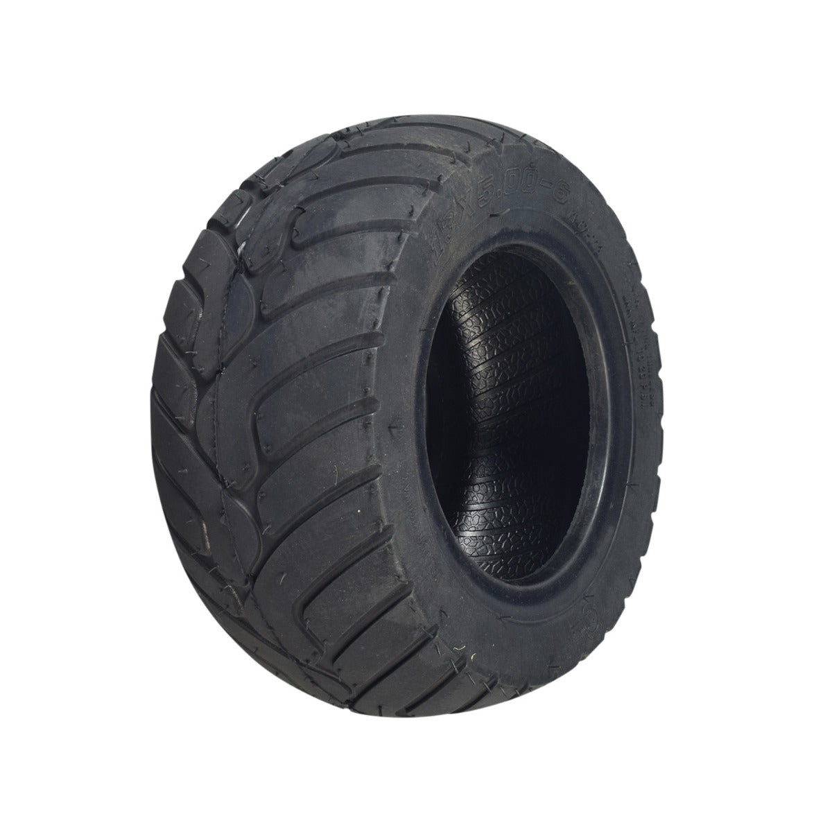 13x5.00-6 Tubeless Pneumatic Tire for the MotoTec Off Road 48V 1000W Go-Kart, shown close-up, highlighting the tread pattern and hole in the center, suitable for kid-size electric go-karts.