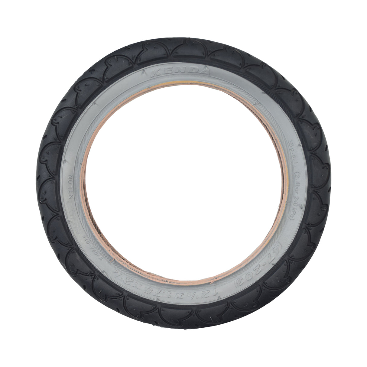 12-1/2x2-1/4 Gray Wall Scooter Tire, featuring a close-up of a black and grey tire with a white circle, designed to fit standard scooters and enhance style.