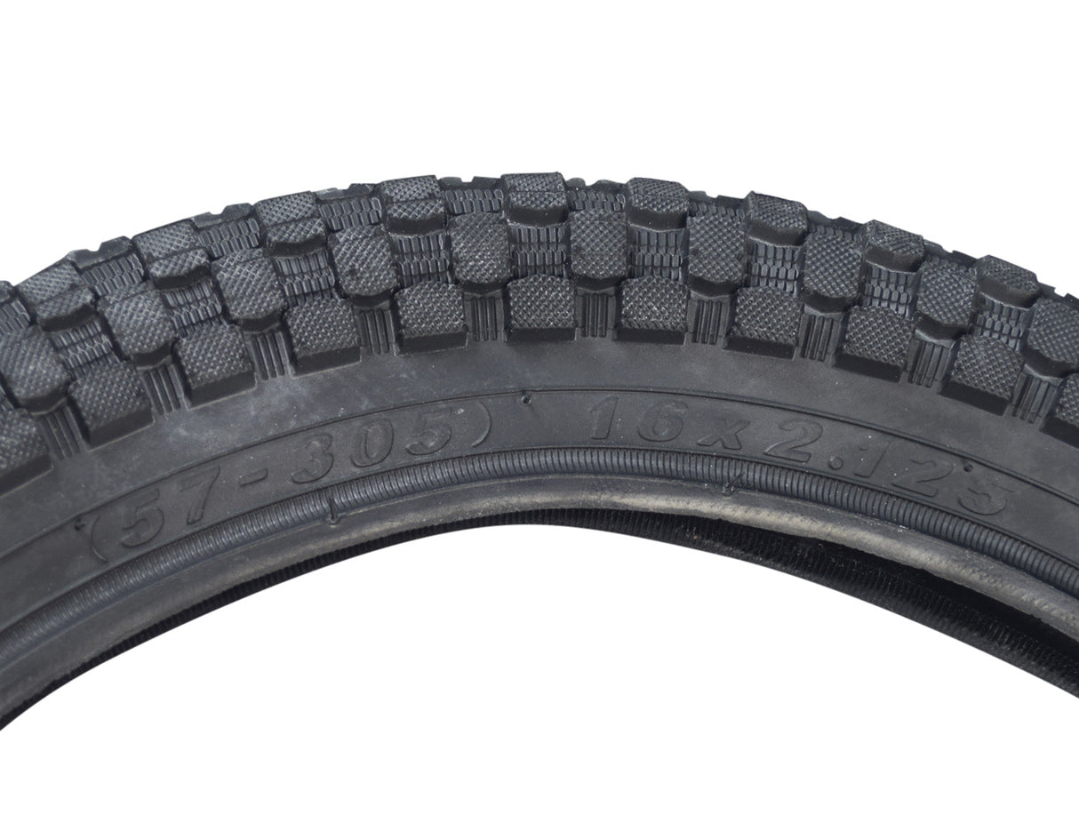 16x2.125 Bicycle Tire with K905 K-Rad Tread - close-up of the tire showcasing its detailed tread pattern, ideal for replacing old 16x2.125 bike tires.