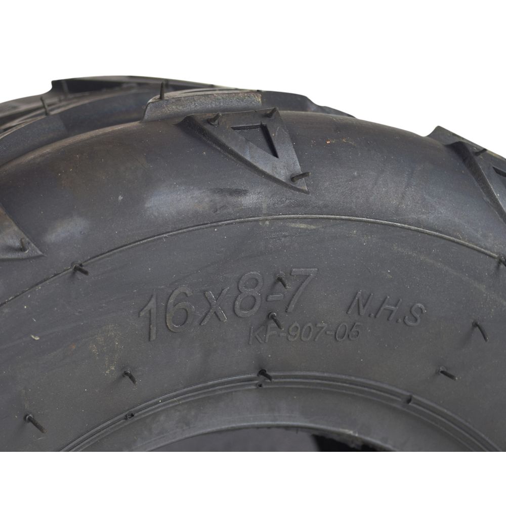 Close-up of the 16x8-7 rear tire for the Realtree RTK200 go-kart, showcasing the bold V-tread designed for optimal traction on mud, sand, and gravel surfaces.