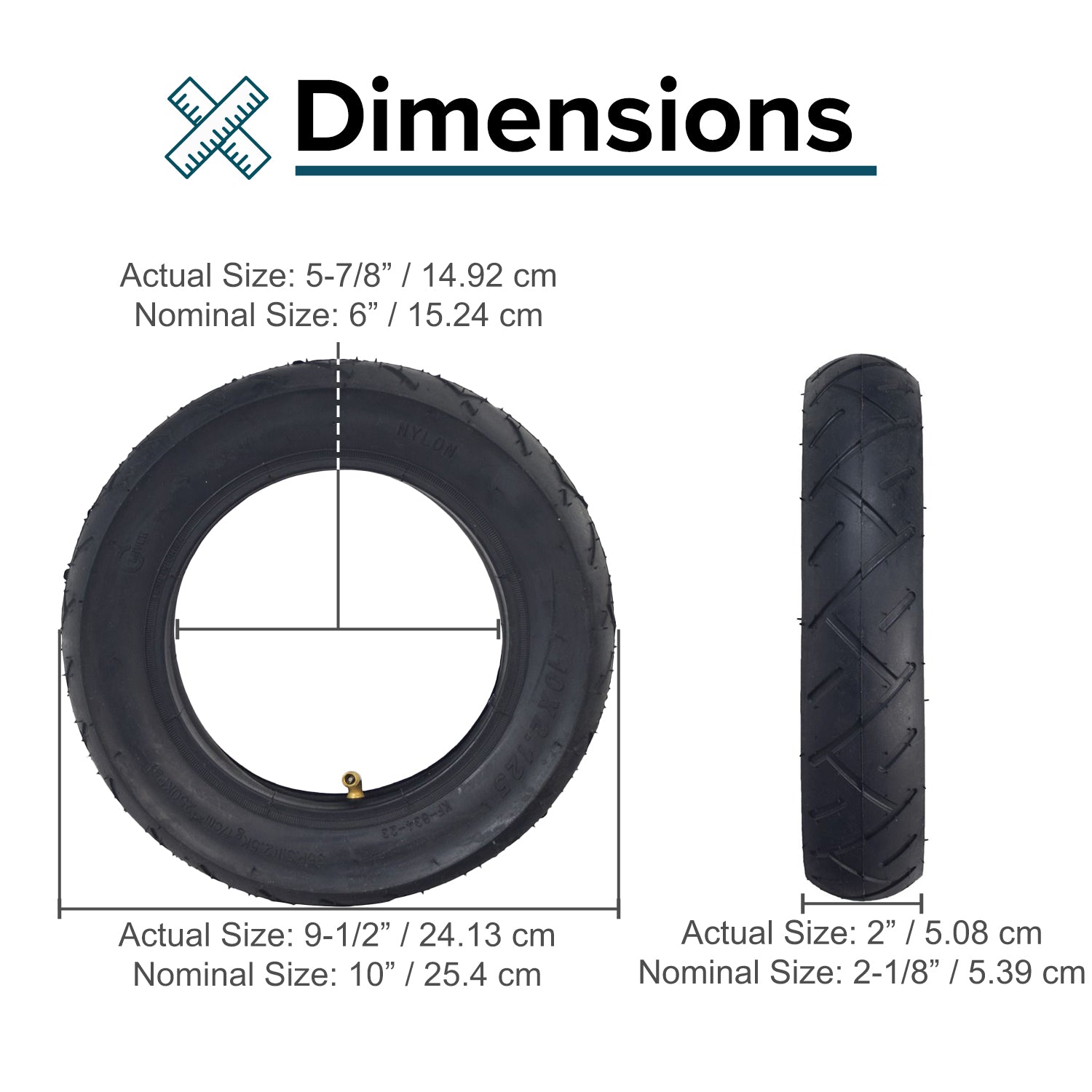 10x2.125 Tire & Tube Set for the Swagtron SwagCycle, featuring a black tire with a cross pattern and measurements chart, ideal for SwagCycle rear wheels and compatible with various 6 rim models.